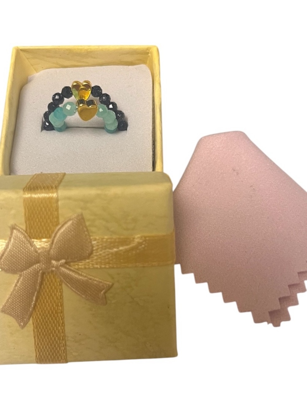 Beaded stretch ring obsidian and aqua crystal set